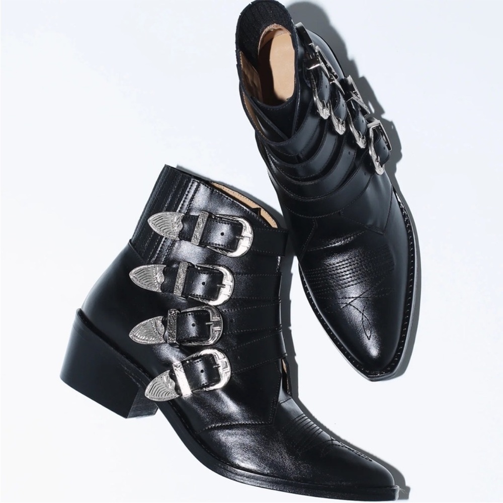 Kelsi Dagger Black Leather Ankle Boots with Silver Buckles